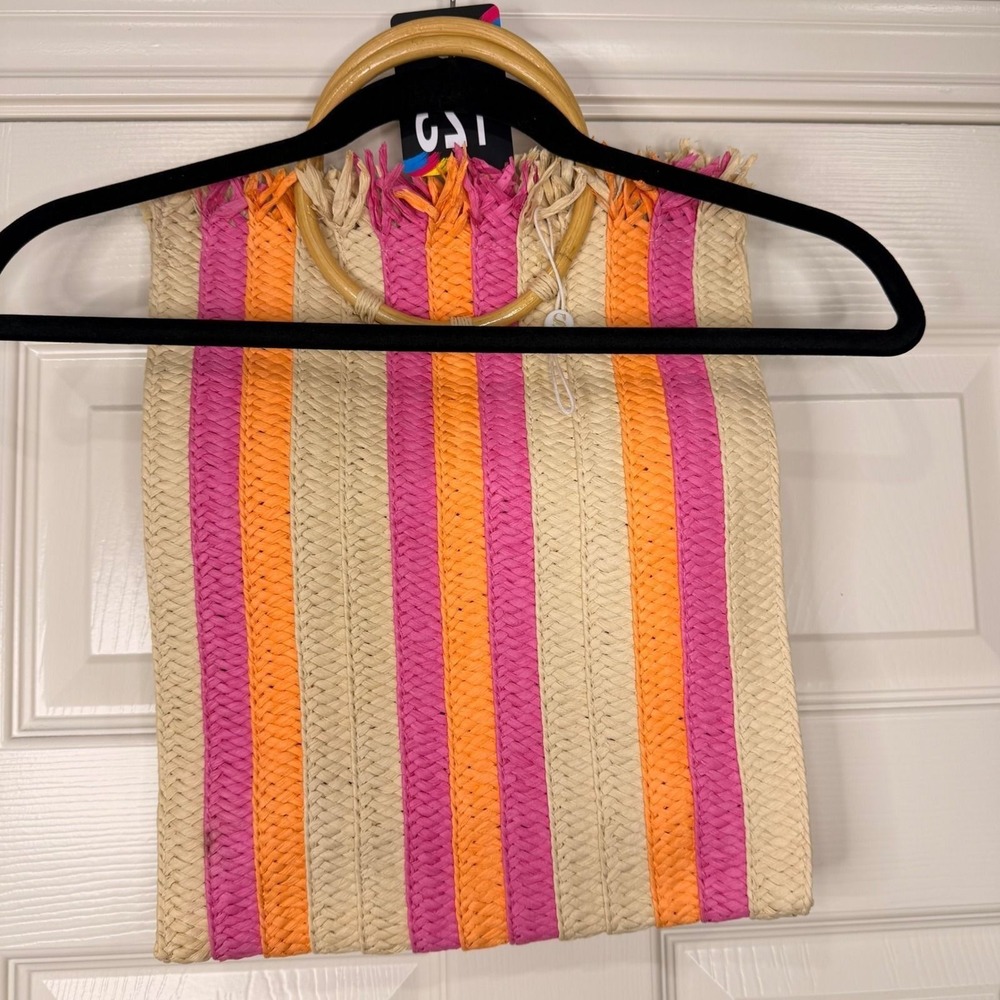#123 Shiraleah Straw Tote Bag Pink Orange Striped Wooden Handle Fringed - Picture 6 of 11